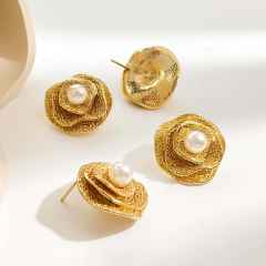 Three layer stereo camellia flower stainless steel earrings pearl earrings