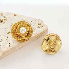 Three layer stereo camellia flower stainless steel earrings pearl earrings