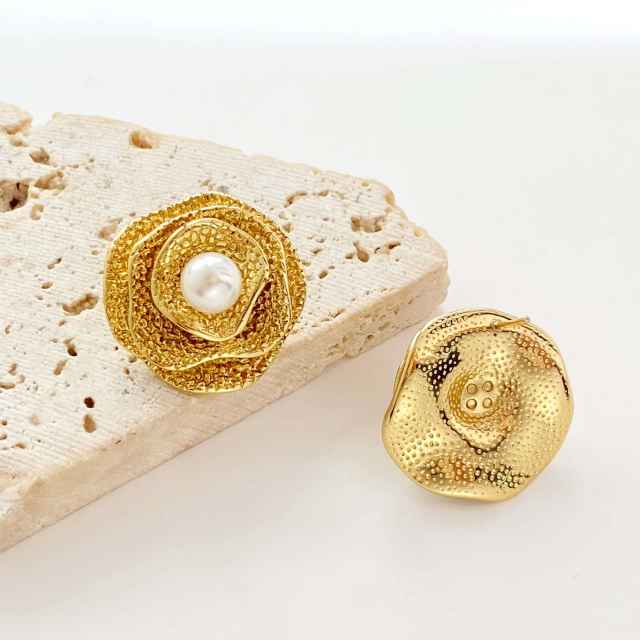 Three layer stereo camellia flower stainless steel earrings pearl earrings