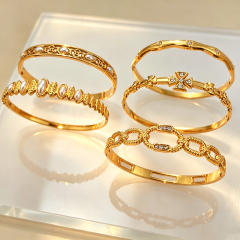 Delicate diamond inlaid hollow out stainless steel bangle bracelet
