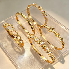 Delicate diamond inlaid hollow out stainless steel bangle bracelet