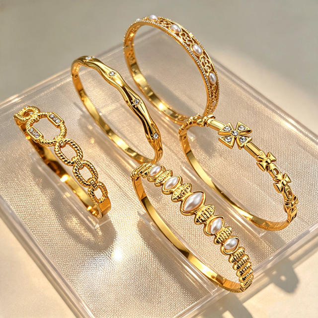Delicate diamond inlaid hollow out stainless steel bangle bracelet