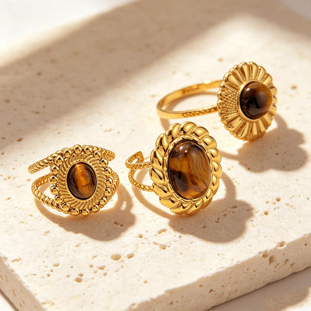 Vintage tiger eye stone inlaid stainless steel rings