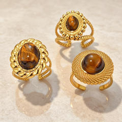 Vintage tiger eye stone inlaid stainless steel rings