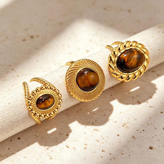 Vintage tiger eye stone inlaid stainless steel rings