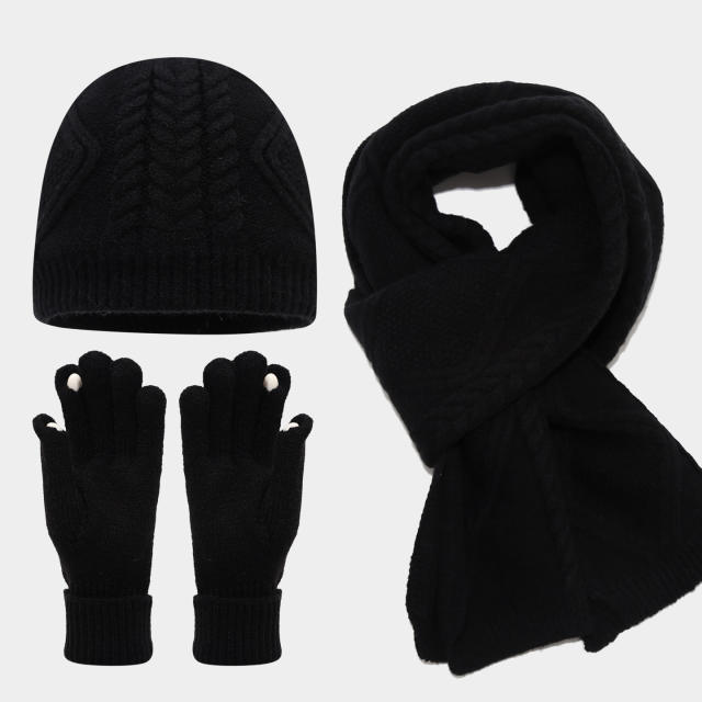 3pcs set plain color corchet hats scarf gloove set winter