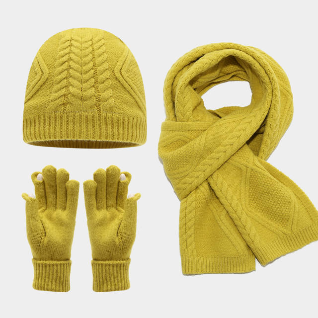 3pcs set plain color corchet hats scarf gloove set winter