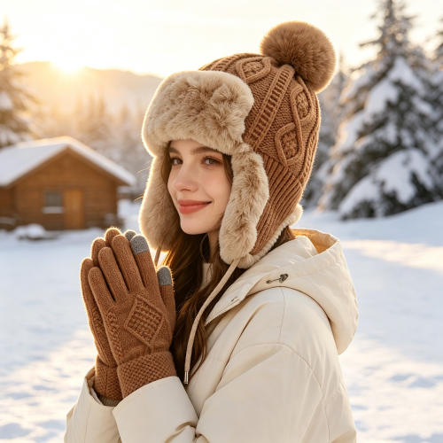 Cute Pom-Pom Lei Feng Hat and Glove Set winter warm set