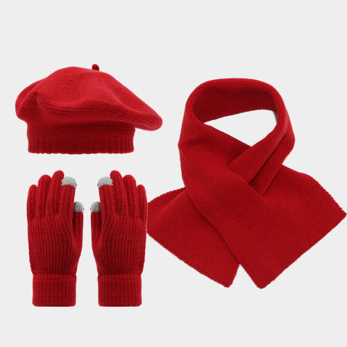 Autumn winter plain color knitted beret scarf gloove set for women 3pcs set