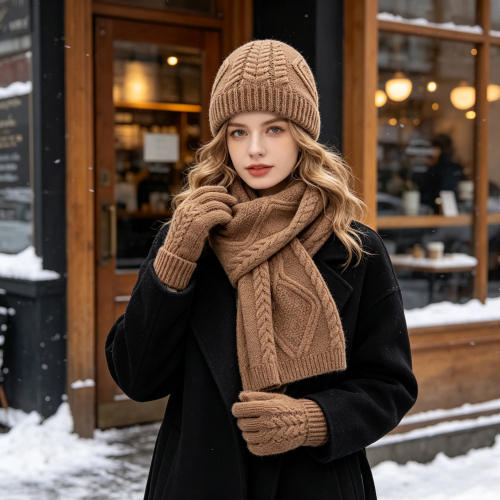 3pcs set plain color corchet hats scarf gloove set winter