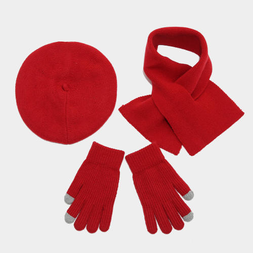Autumn winter plain color knitted beret scarf gloove set for women 3pcs set