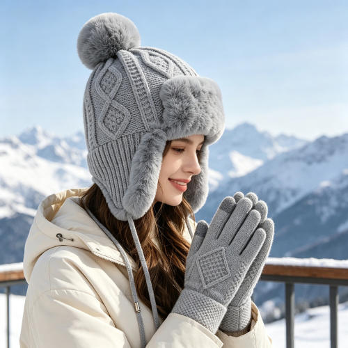 Cute Pom-Pom Lei Feng Hat and Glove Set winter warm set