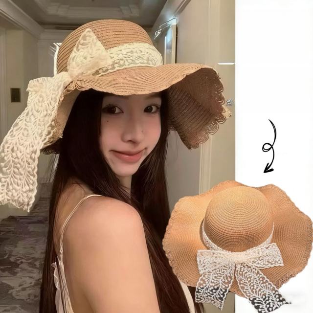 Summer Lace-Trimmed Wavy Straw Hat with Bow