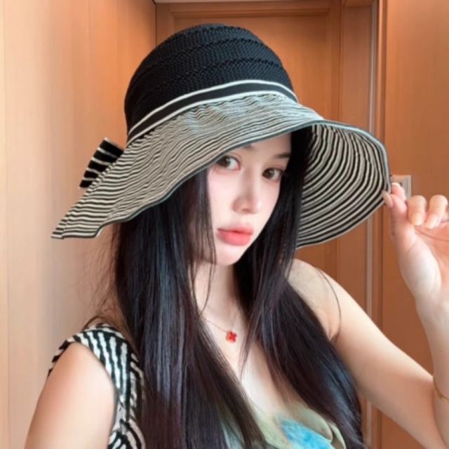 Color-Blocked Stripesd Empty Top Sun Hat for Women summer large brim hat