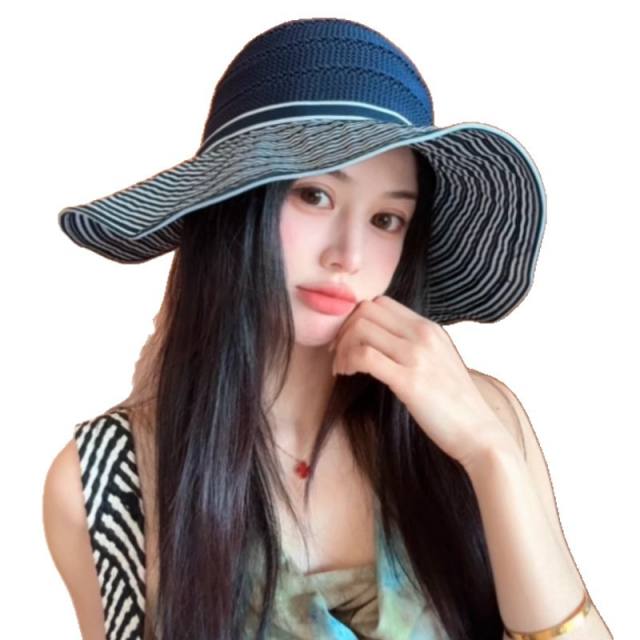 Color-Blocked Stripesd Empty Top Sun Hat for Women summer large brim hat