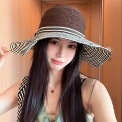 Color-Blocked Stripesd Empty Top Sun Hat for Women summer large brim hat