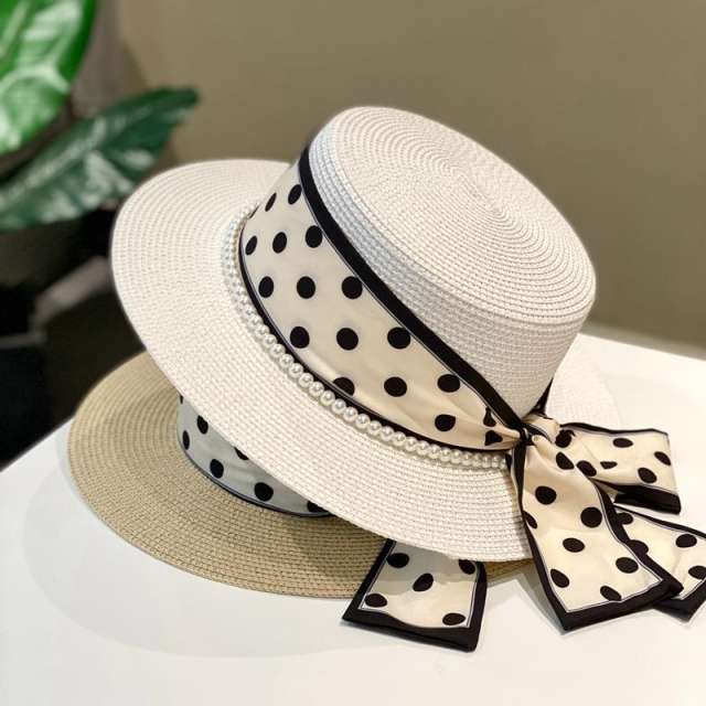 Minimalist Polka Dot Straw Hat for Women Summer Sun Protection Vacation Travel Beach Hat