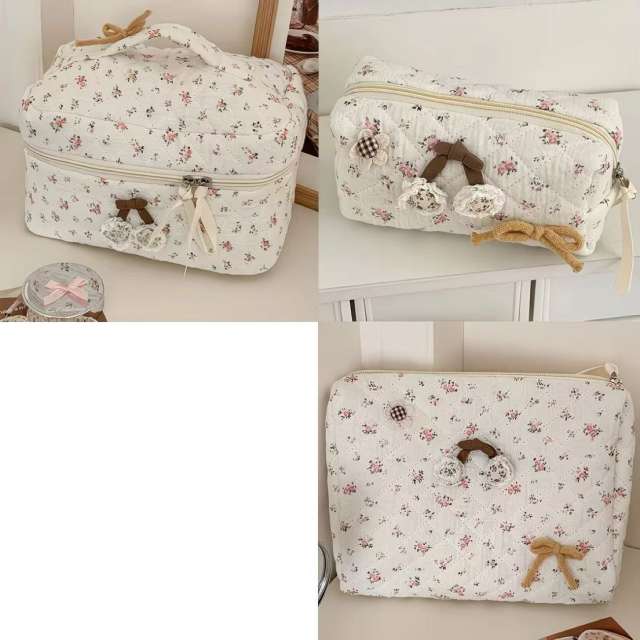 Ins-Style Fresh Floral Makeup Bag Three-Piece Set Quilted Fabric Handbag