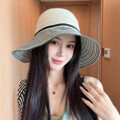 Color-Blocked Stripesd Empty Top Sun Hat for Women summer large brim hat