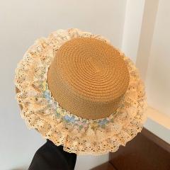 Summer Lace-Trimmed Wavy Straw Hat with Bow