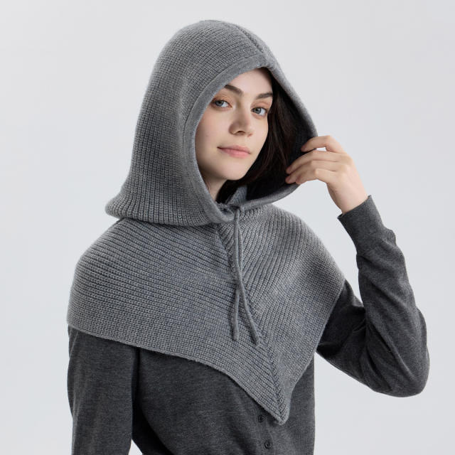 Solid color knitted neck warmer pullover cap hooded hat