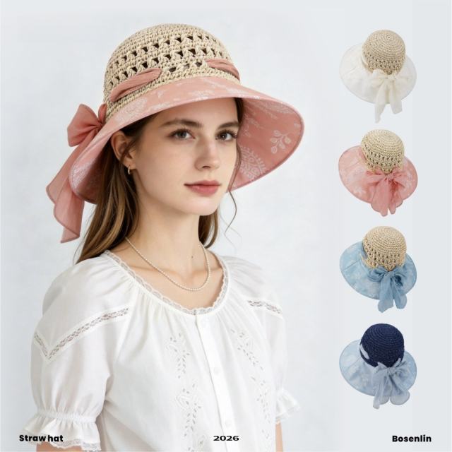 French-Style Ink-Printed Straw Hat with Large Brim,