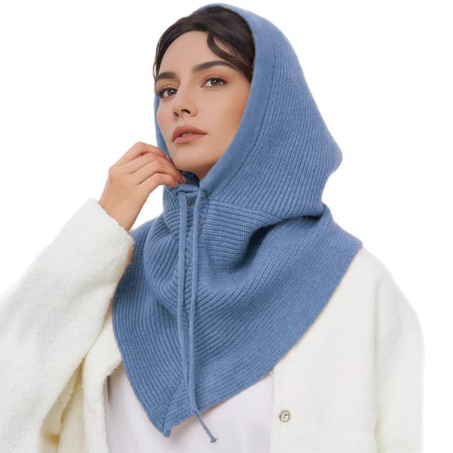Solid color knitted neck warmer pullover cap hooded hat