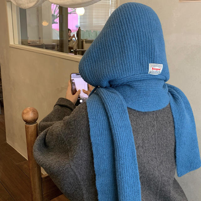 Autumn Winter New Blue Balaclava Women's Warm Hat Scarf One-Piece Knitted Woolen Toe Cap