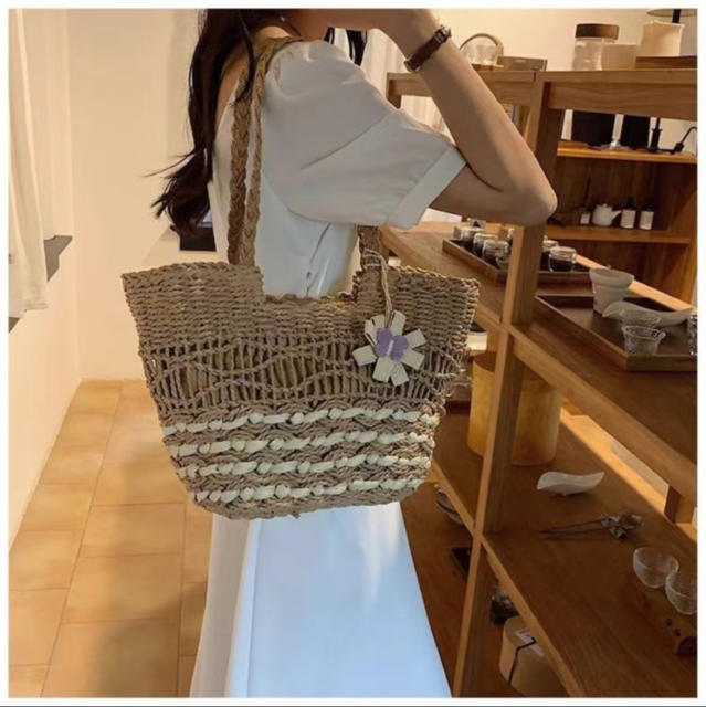 Hollow-Out Straw Woven Bag for Women Seaside Vacation Handmade Woven Bag