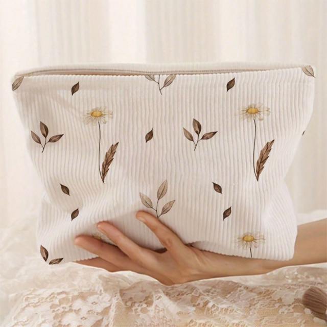 Leaf and Flower Pattern Comfortable and Soft Corduroy Zipper Storage Bag