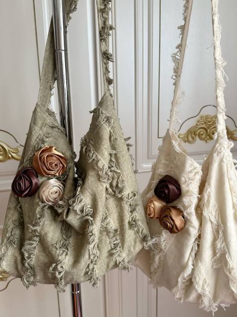 Spring Summer New Linen Crossbody Bag Rose Lotus Leaf Tassel Shoulder Bag