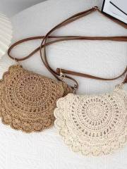 Cotton Woven Bag Hollow-Out Single-Shoulder Semi-Circle Straw Bag for Women