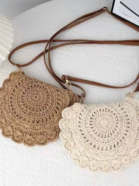 Cotton Woven Bag Hollow-Out Single-Shoulder Semi-Circle Straw Bag for Women