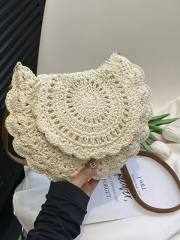 Cotton Woven Bag Hollow-Out Single-Shoulder Semi-Circle Straw Bag for Women