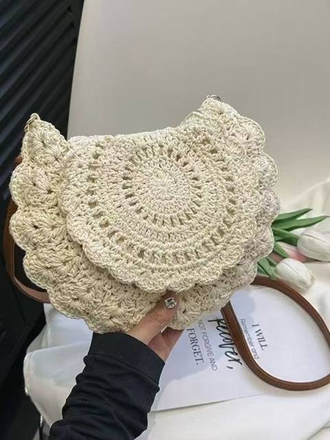 Cotton Woven Bag Hollow-Out Single-Shoulder Semi-Circle Straw Bag for Women