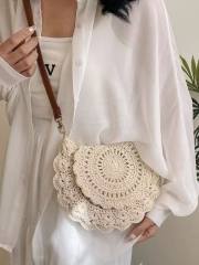 Cotton Woven Bag Hollow-Out Single-Shoulder Semi-Circle Straw Bag for Women