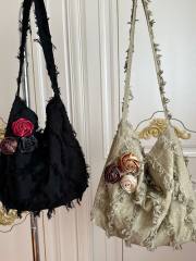 Spring Summer New Linen Crossbody Bag Rose Lotus Leaf Tassel Shoulder Bag