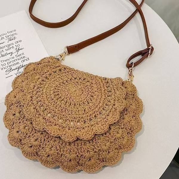 Cotton Woven Bag Hollow-Out Single-Shoulder Semi-Circle Straw Bag for Women