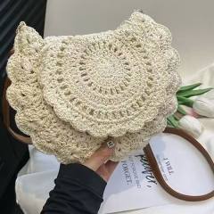 Cotton Woven Bag Hollow-Out Single-Shoulder Semi-Circle Straw Bag for Women