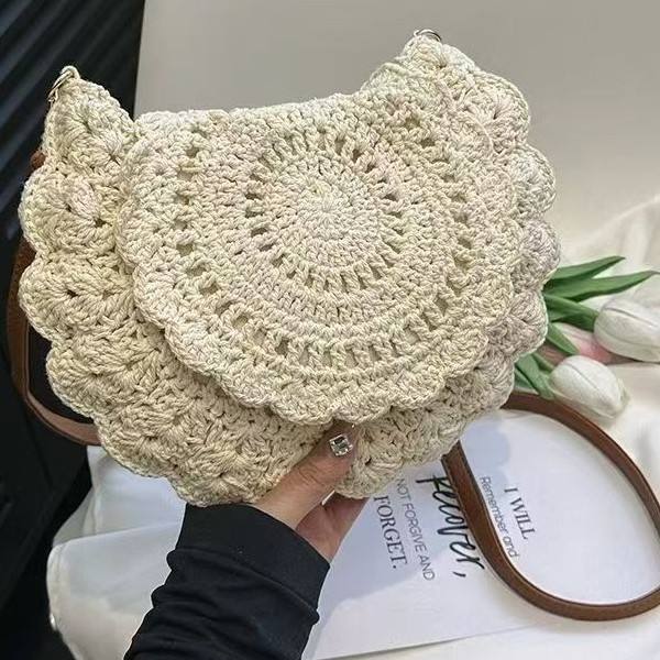 Cotton Woven Bag Hollow-Out Single-Shoulder Semi-Circle Straw Bag for Women