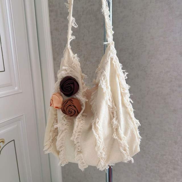 Spring Summer New Linen Crossbody Bag Rose Lotus Leaf Tassel Shoulder Bag