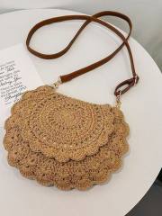 Cotton Woven Bag Hollow-Out Single-Shoulder Semi-Circle Straw Bag for Women