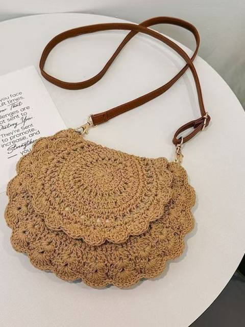 Cotton Woven Bag Hollow-Out Single-Shoulder Semi-Circle Straw Bag for Women