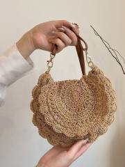 Cotton Woven Bag Hollow-Out Single-Shoulder Semi-Circle Straw Bag for Women