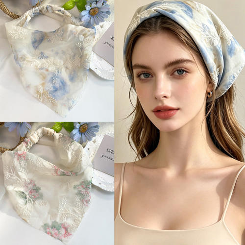 French-Style Retro Pastoral Embroidered Floral Triangle Headband bandana headband