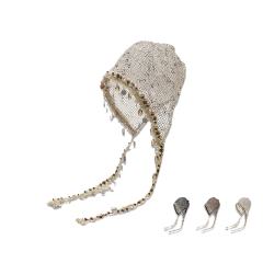Bohemian-style slouchy beanie cap with cutouts shells tassels