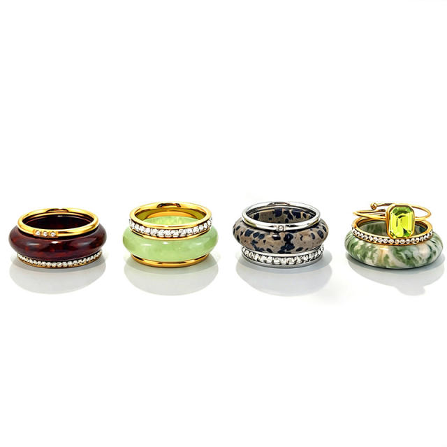 Natural stone stainless steel rings set zircon rings stackable rings
