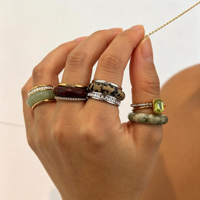 Natural stone stainless steel rings set zircon rings stackable rings