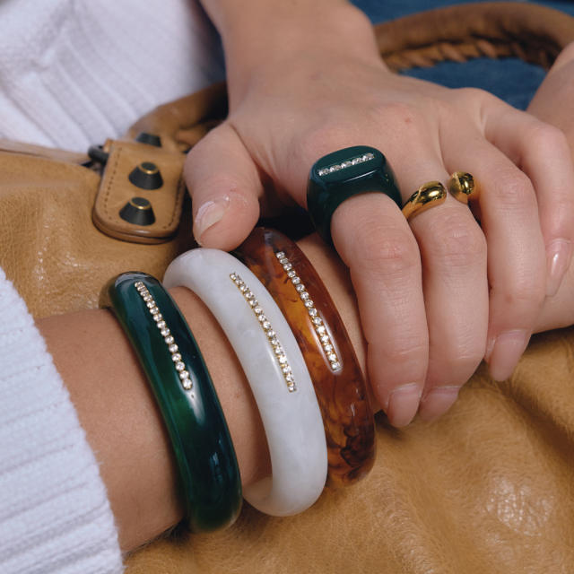 Winter autumn chunky colorful acrylic rhinestone bangle rings set