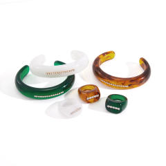 Winter autumn chunky colorful acrylic rhinestone bangle rings set